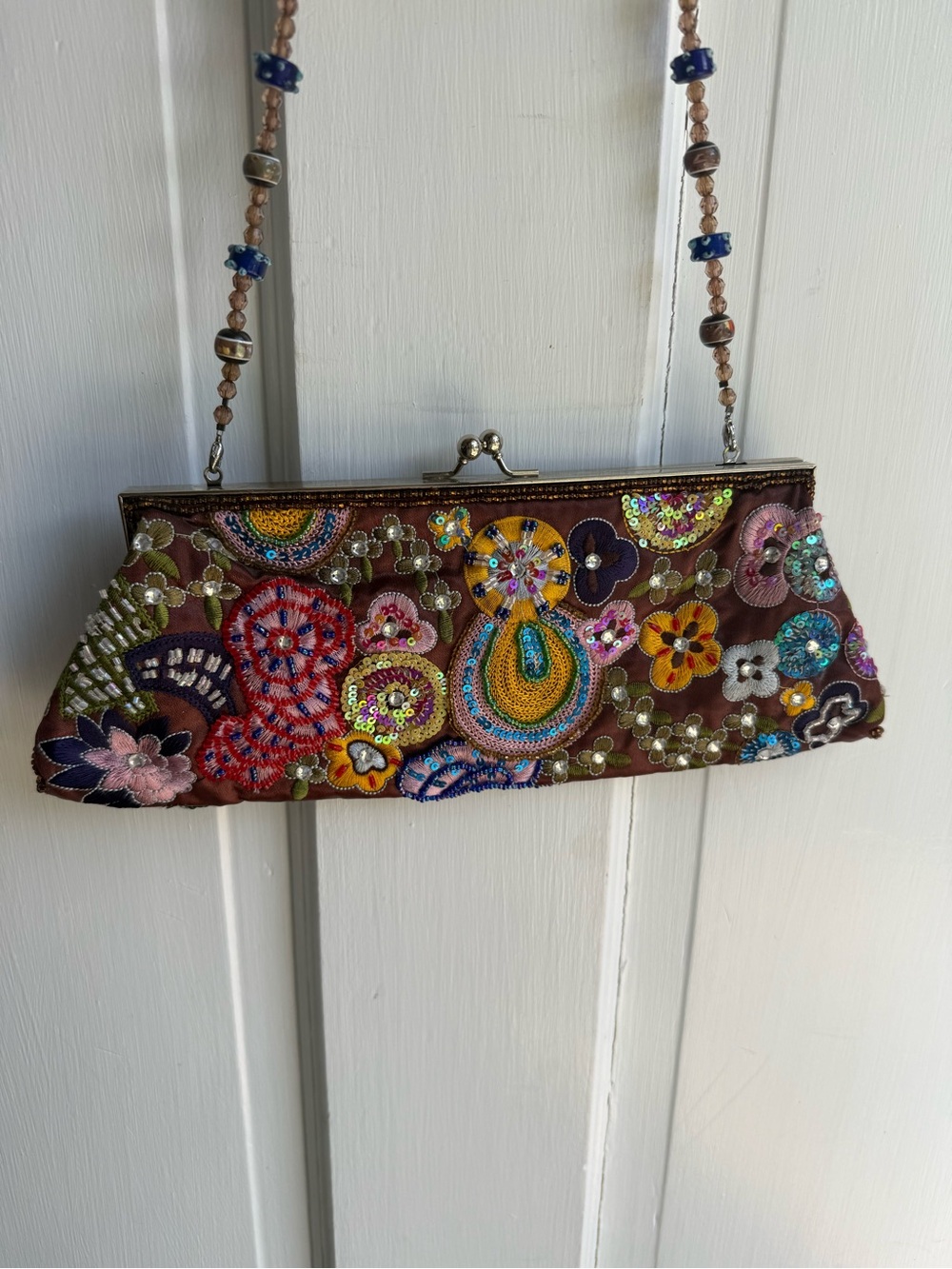 Beaded Y2K Embroidered Floral Clutch Bag in Brown